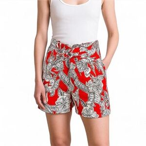 LUCY PARIS Orange/White/Black Tropical Print Belt Waist Shorts {Small}